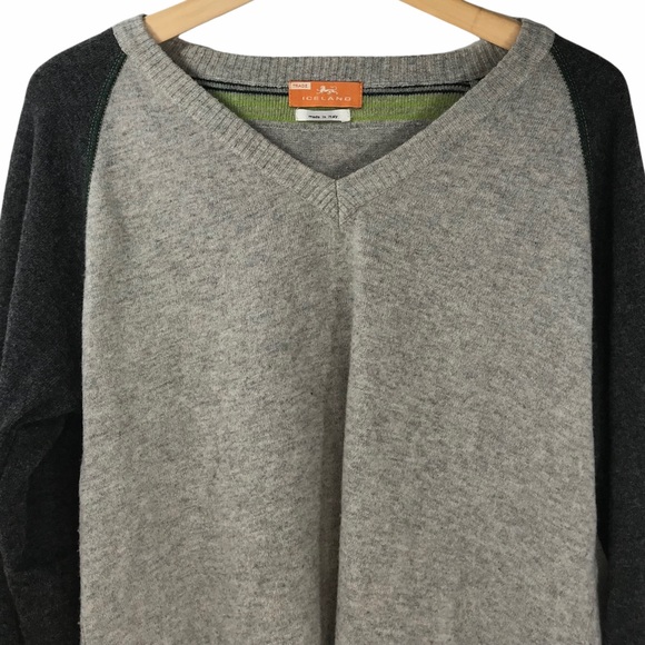 Iceland Colour Block Wool V Neck Sweater Long Sleeve Grey Green Men's Italy - Picture 2 of 9